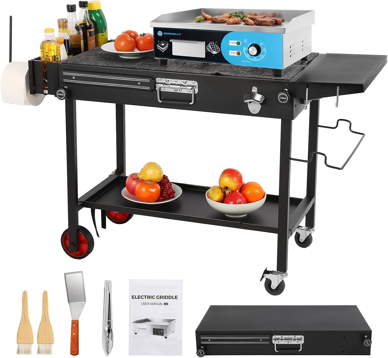 IRONWALLS Commercial Electric Countertop Griddle 22 Inch and Tabletop Griddle Stand, Folding Grill Cart on Wheels, Movable Food Prep Table for Patio, Camping
