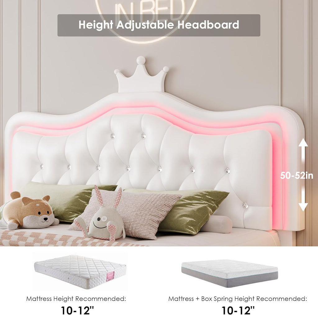 Keyluv Full Upholstered LED Bed Frame with Storage Drawer, Leather Princess Platform Bed with Adjustable Crystal Button Tufted Crown Headboard, Solid Wooden Slats Support, No Box Spring Needed, White