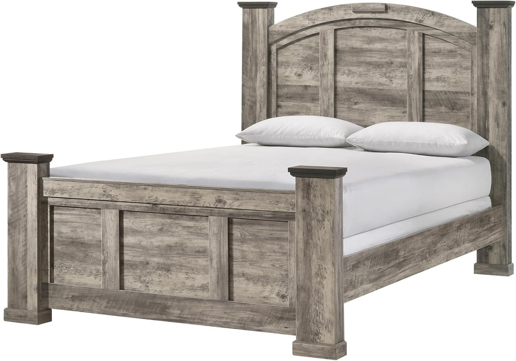 Rustic Gray Poster King Size 5pc Panel Bed Set Storage Wooden Solid Wood Bedroom Furniture