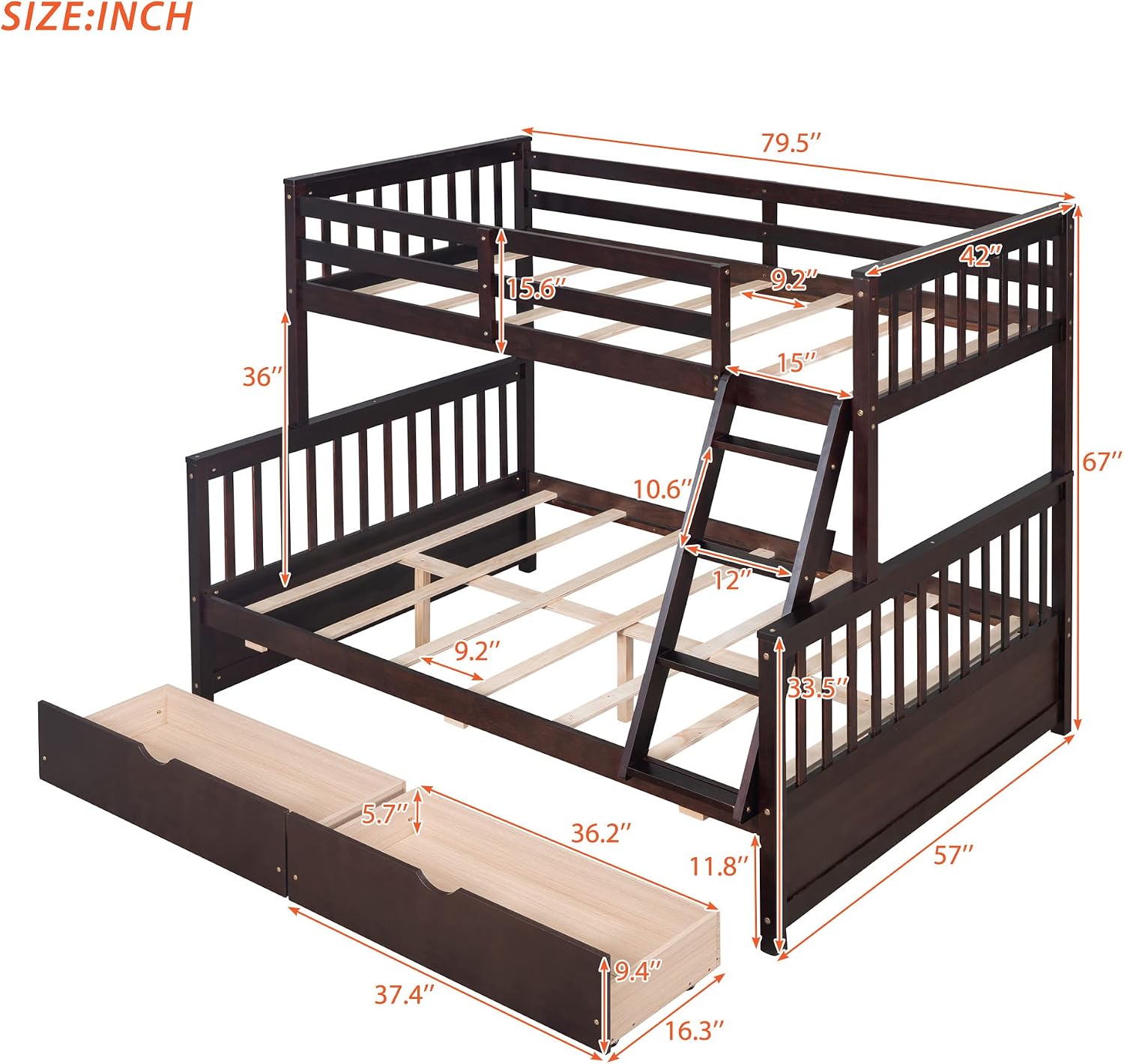 Harper & Bright Designs Twin Over Full Bunk Bed with Two Storage Drawers,Guardrails and Ladder,Solid Wood Bunk Bed Convertible to 2 Separated Platform Beds (Espresso)