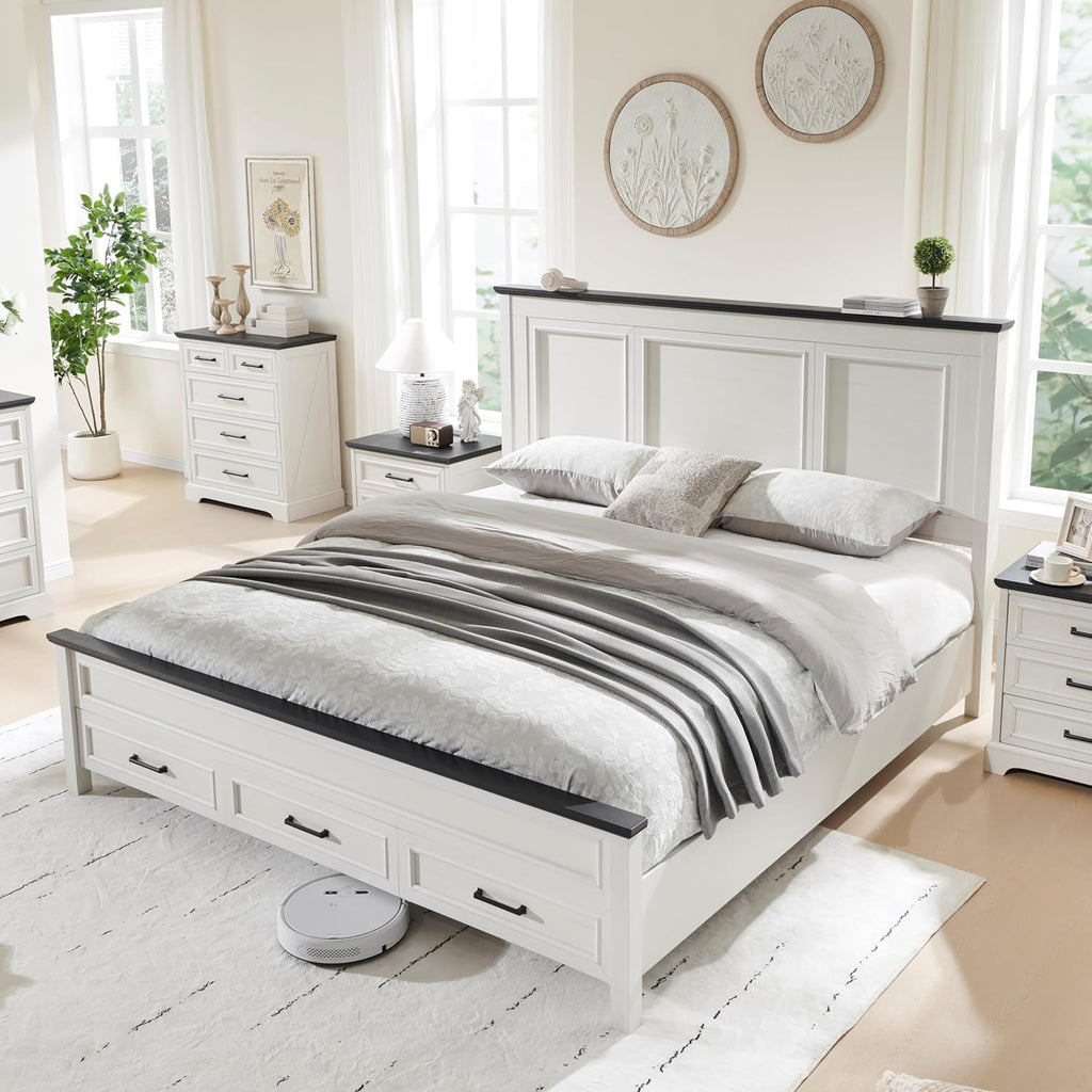 JXQTLINGMU Farmhouse King Wood Bed Frame with 52' Tall Headboard & 20' H Footboard, Platform Bedframe with Hidden Storage Drawers, Noiseless, No Box Spring Required, Off White