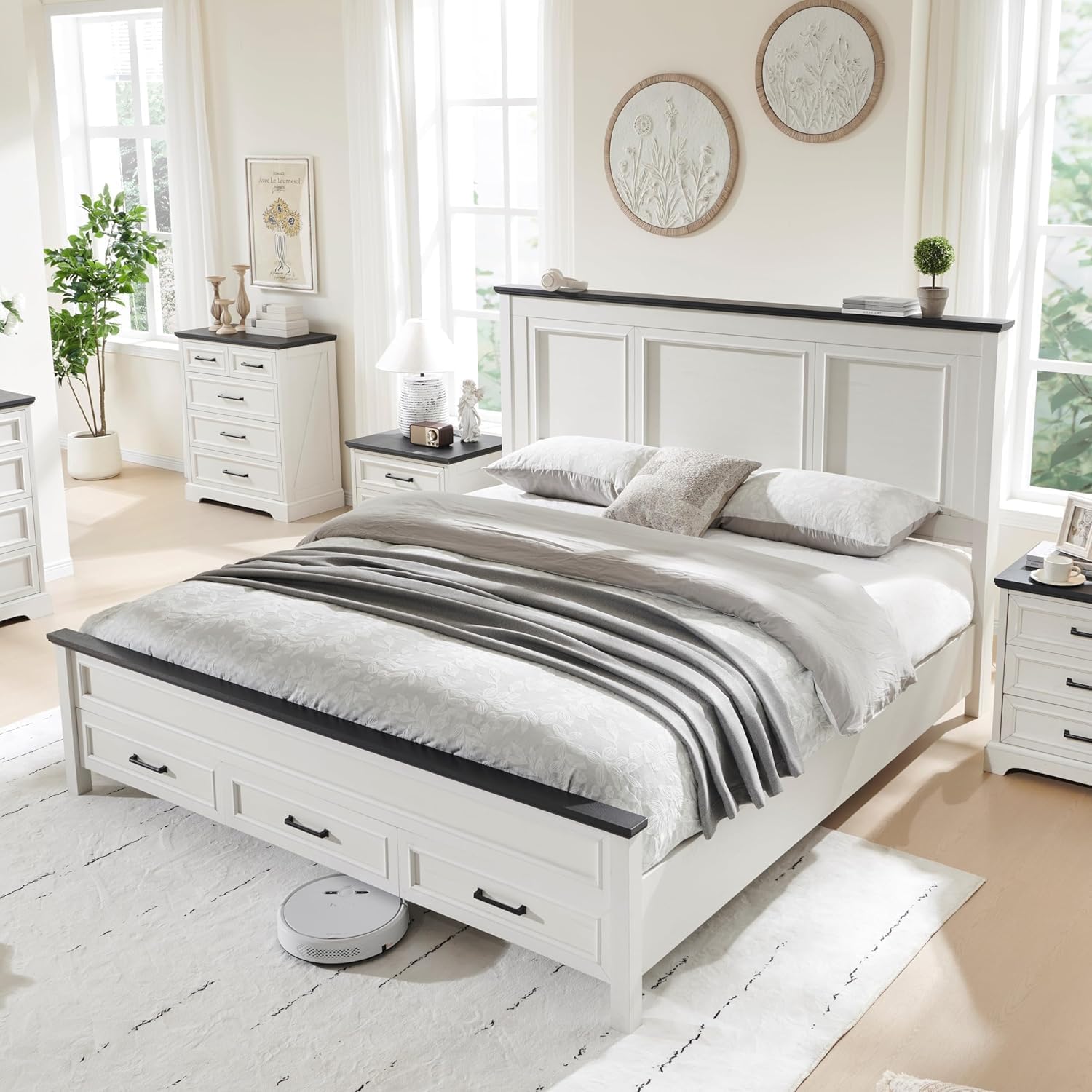 JXQTLINGMU Farmhouse King Wood Bed Frame with 52' Tall Headboard & 20' H Footboard, Platform Bedframe with Hidden Storage Drawers, Noiseless, No Box Spring Required, Off White