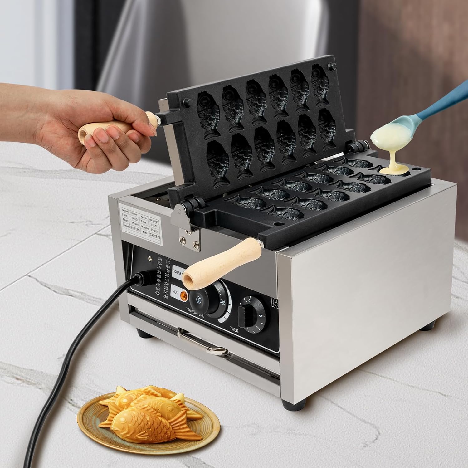12PCS Fish Shaped Waffle Maker, Electric Commercial Stainless Steel Nonstick Waffle Baker Machine Popular Snack Equipment New Belgium Waffle Baker Maker (Fish Shaped)