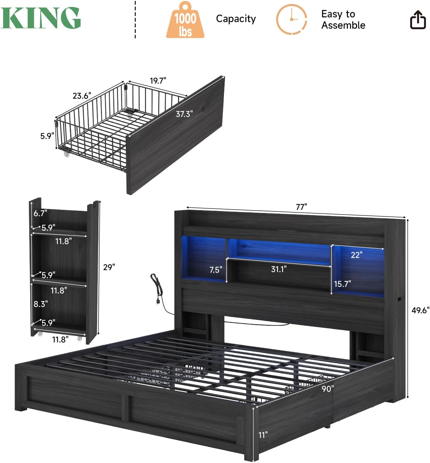 AMERLIFE King Size Bed Frame with 4 Storage Drawers, LED Bed Frame with 49.6' Tall Bookcase Headboard, Wood Platform Bed with Charging Station & 2 Slide Bedside Shelf, No Box Spring Needed/Black