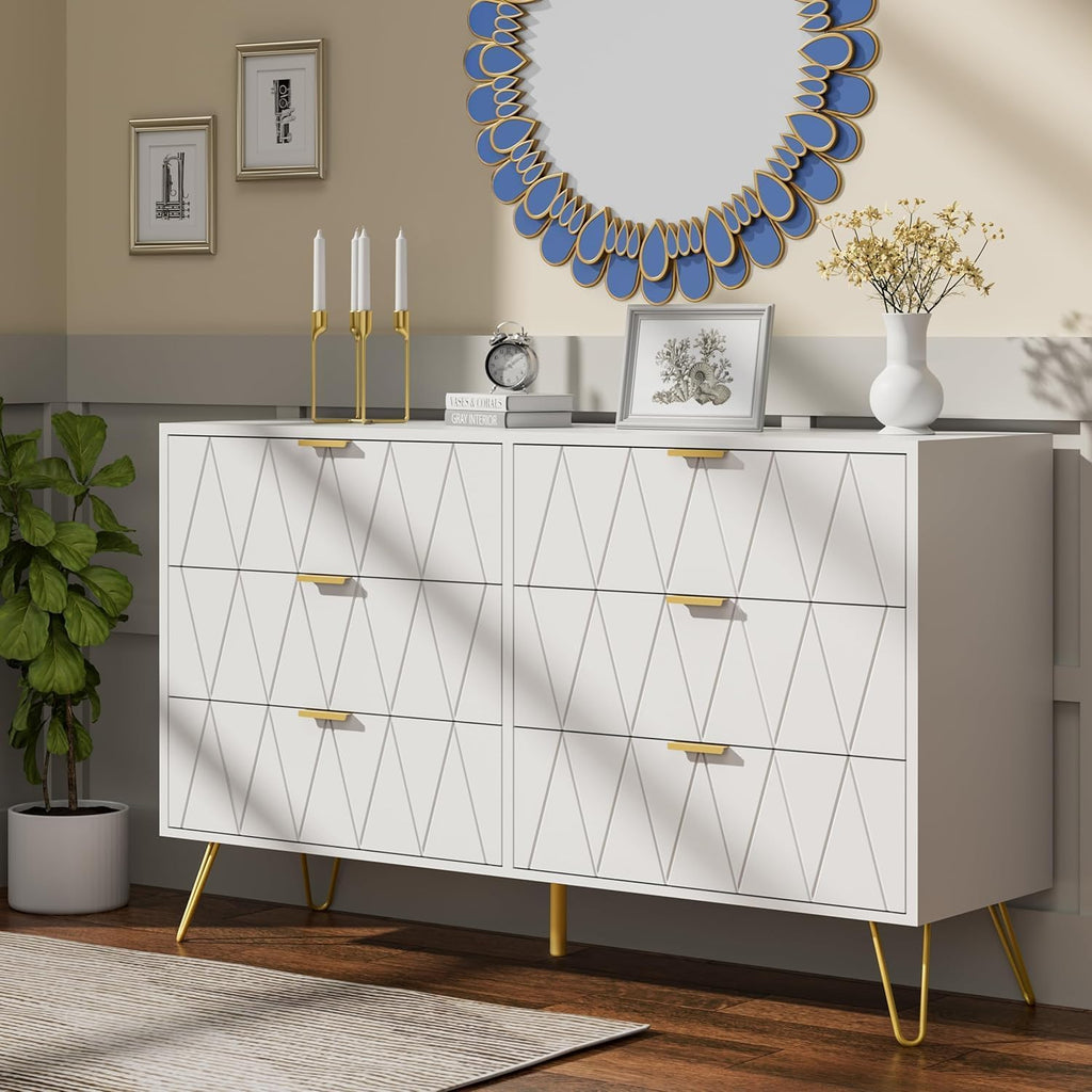 Anbuy Bedroom Sets White Sets 3 Piece, Night Stand Sets and 6 Drawer Dresser for Bedroom, Two Drawers Nightstand Set of 2 & 6 Drawer Dresser Combo 3 Pieces (White)