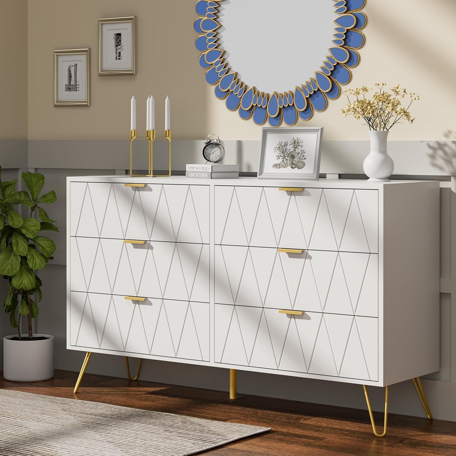 Anbuy Bedroom Sets White Sets 3 Piece, Night Stand Sets and 6 Drawer Dresser for Bedroom, Two Drawers Nightstand Set of 2 & 6 Drawer Dresser Combo 3 Pieces (White)