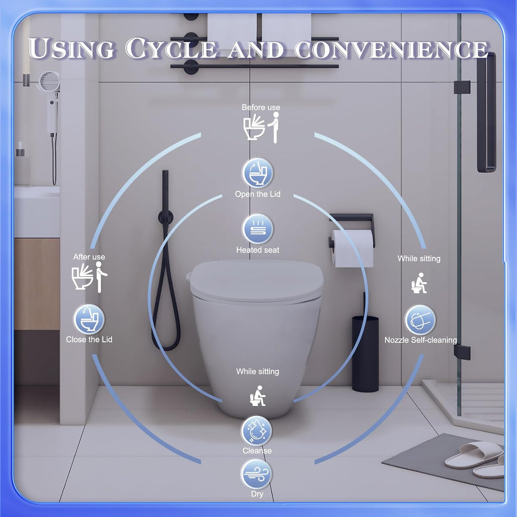 Smart Toilet Seat with Remote Control, Istinja Compatible, Instant Warm Water, 3D Heated Seat, Dual Nozzle Wash, Massage, Dryer, LED Light, Slow Close, Elongated