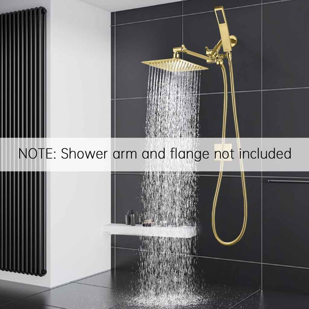 G-Promise All Metal 8 Inch Dual Square Shower Head with Handheld Spray Combo, Rain Shower Head, Adjustable Extension Arm, 3-Way Diverter, 71 Inch Extra Long Hose - A Bathroom Upgrade (Polished Brass)