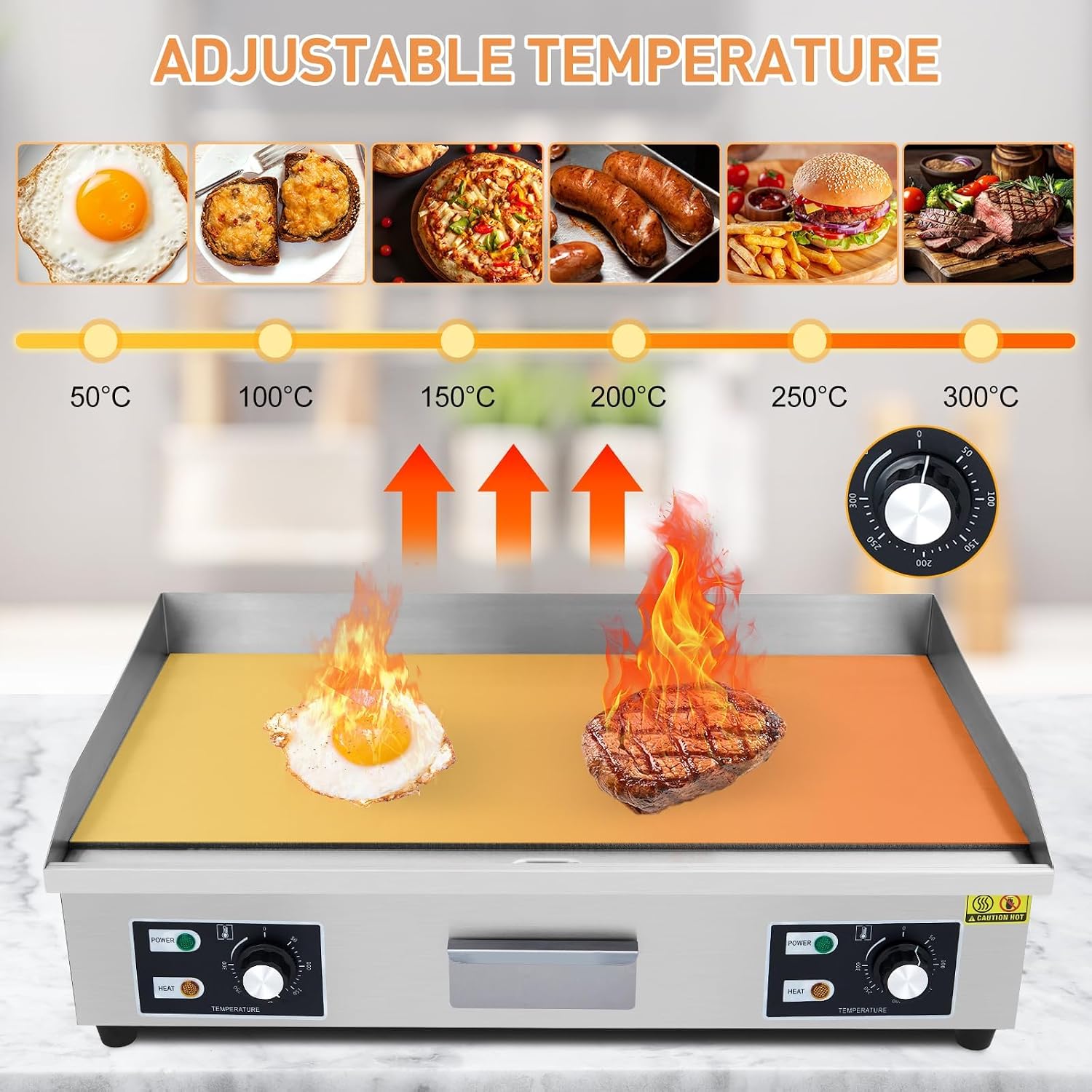 29 in Stainless Steel Electric Griddle 3000W Professional Cast Iron Indoor Electric Grill, Adjustable Temperature up to 122℉-572℉