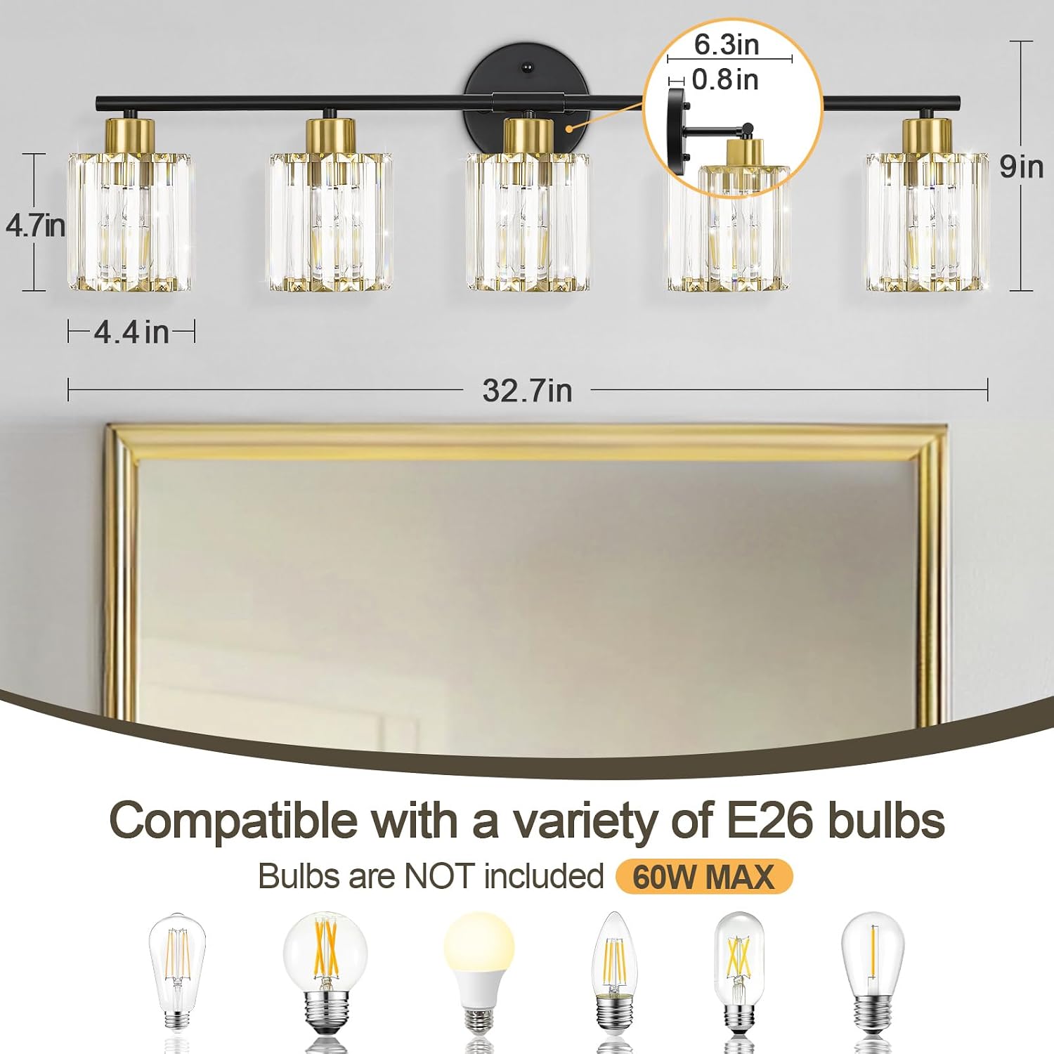Crystal Bathroom Light Fixtures, Bathroom Lighting Fixtures Over Mirror, Modern Black Gold 5-Light Vanity Lights for Mirror,Restroom, Bedroom (Ceramic E26 Socket,Bulbs Not Include)