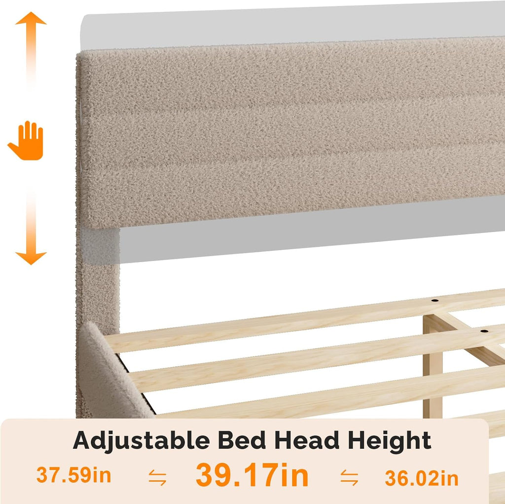VINGLI Set of 2 Twin Bed Frames for Kids,Boucle Upholstered Platform Bed with Adjustable Headboard,Sturdy Wood Slats Support,Cloud Single Bed with Cream Design,Noise Free, Easy Assembly, Beige