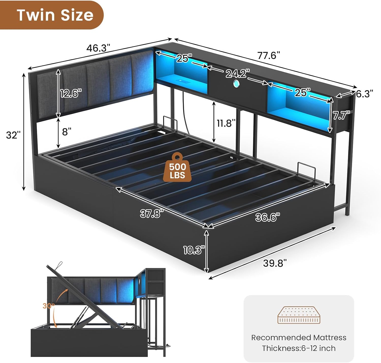 Hasuit Corner Twin Lift Up Storage Bed Frame with Charging Station & LED Lights, Twin Day Bed with Upholstered Headboard and Bookcase, Corner Beds with Hydraulic for Kids Teens Guests, Black