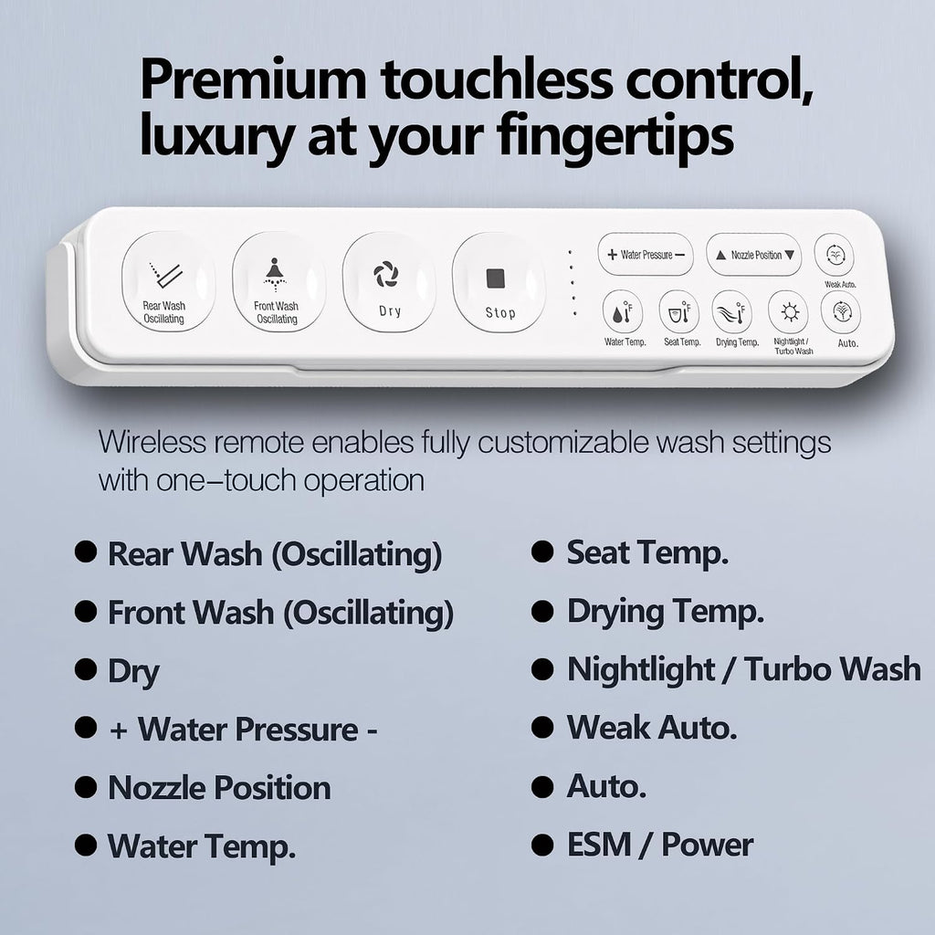 WLJBIDET Electric Heated Bidet Toilet Seat with Remote Control, Adjustable Warm Water & Pressure, Air Drying, Self-Cleaning Nozzle, Oscillating Cleaning, Display Screen, Slow Closed Lid - Round