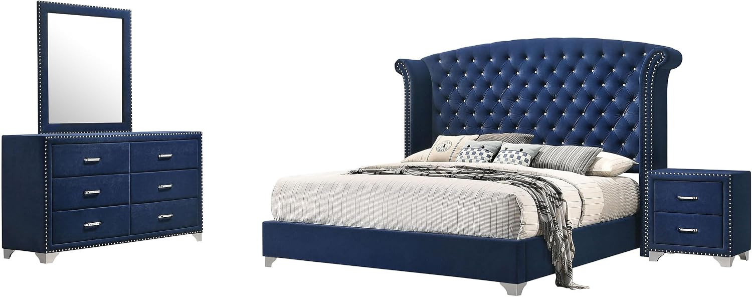Coaster Home Furnishings Melody Modern Classic 4-Piece Bedroom Set Velvet Upholstered California King Size Wingback Bed Frame 66-inch Headboard Pacific Blue 223371KW-S4