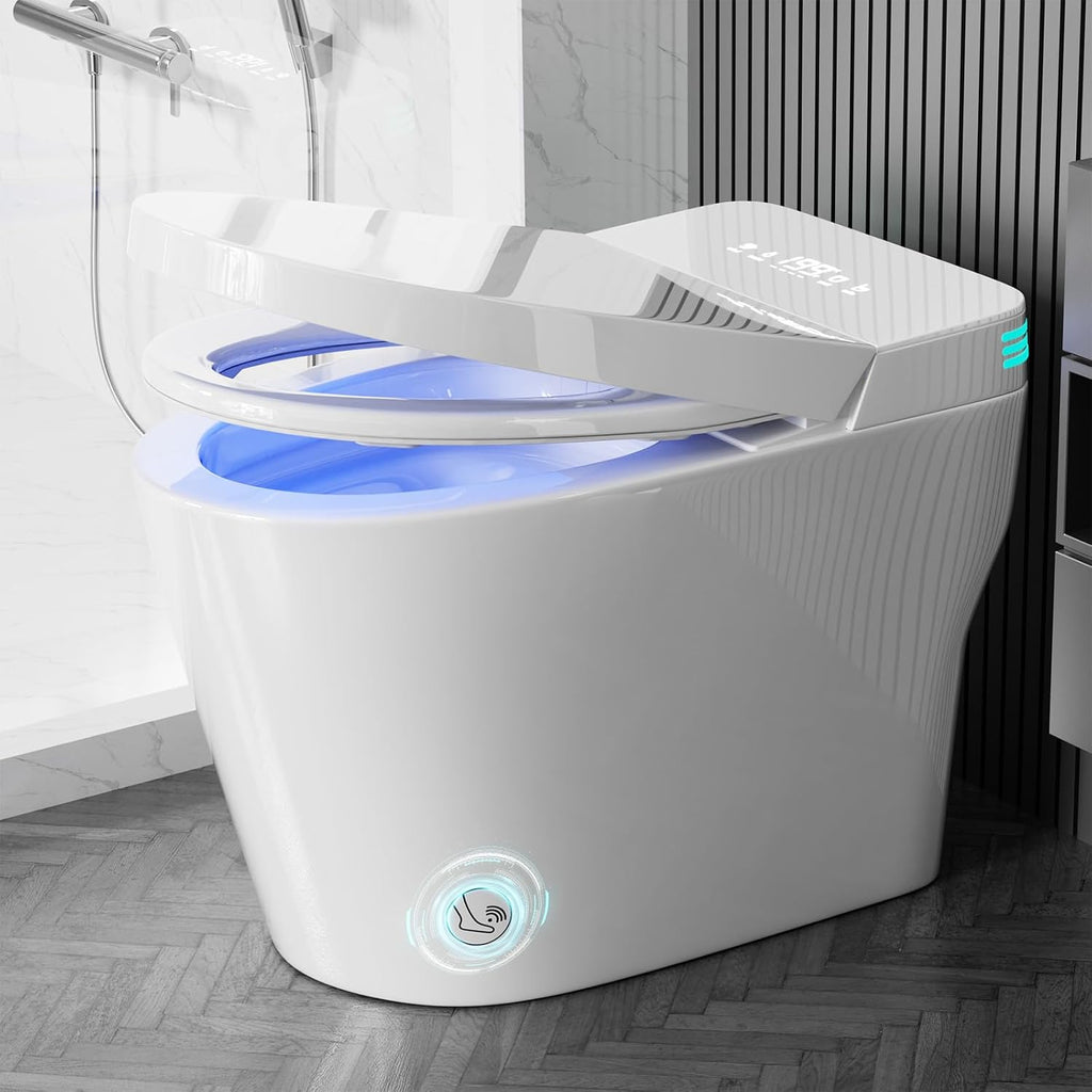 Smart Toilet with Bidet Built In, One Piece Bidet Toilet with 1.28 GPF Auto Dual Flush,Foot Sensor, Modern Elongated Tankless Toilet with Foam Shield,Heated Seat,Warm Water,Air Dry,LED Display