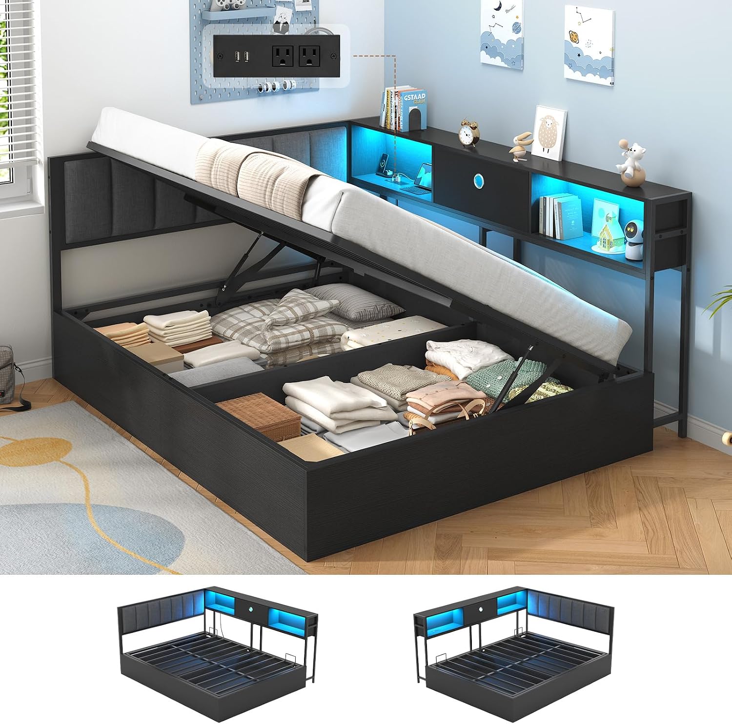 Hasuit Corner Full Lift Up Storage Bed Frame with Charging Station & LED Lights, Full Day Bed with Upholstered Headboard and Bookcase, Corner Beds with Hydraulic for Kids Teens Guests, Black