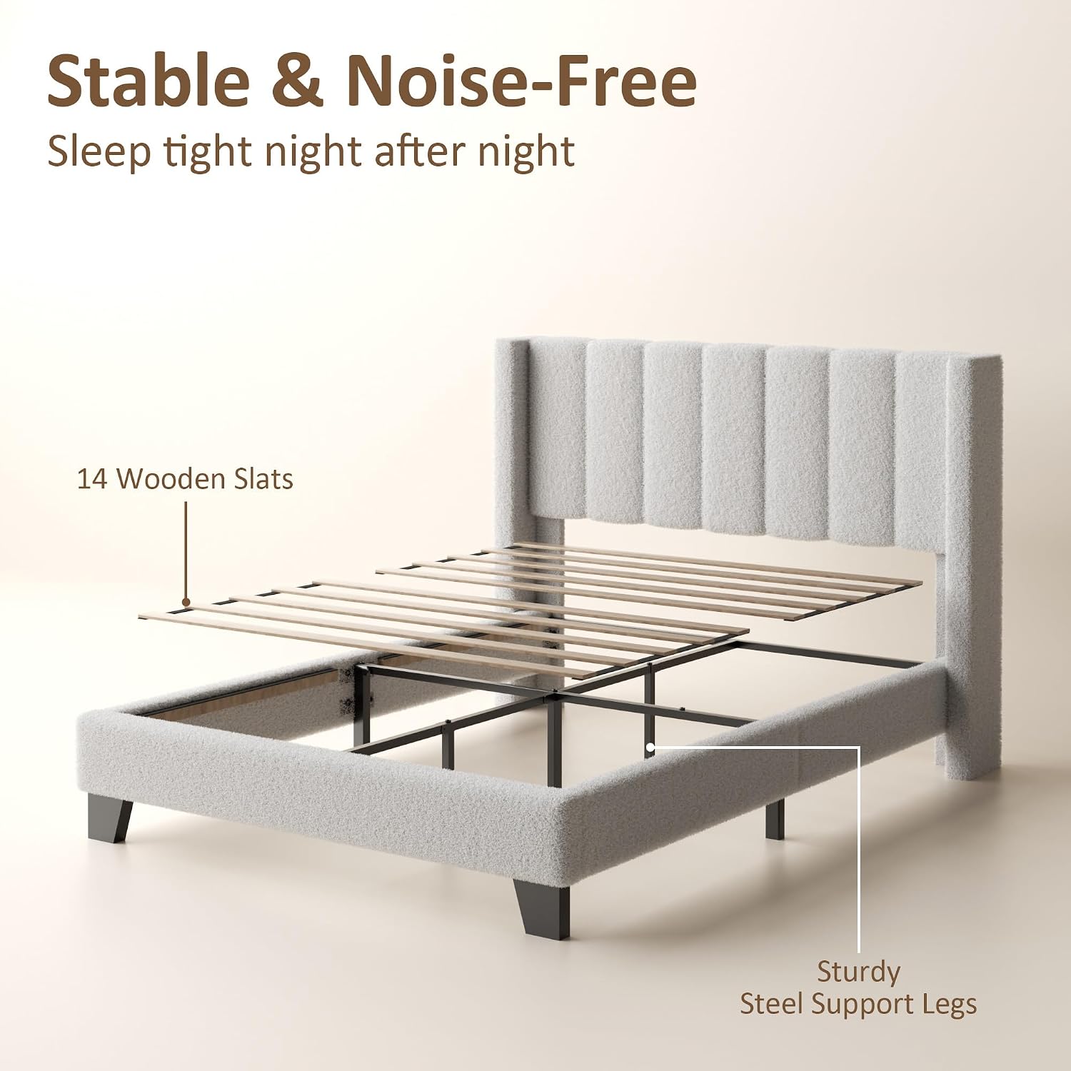 Full Bed Frame with Headboard Upholstered Platform Bed Frame with Teddy Velvet Headboard, Wooden Slats Support/Wing Edge Design/No Box Spring Needed/Easy Assembly, Grey Full