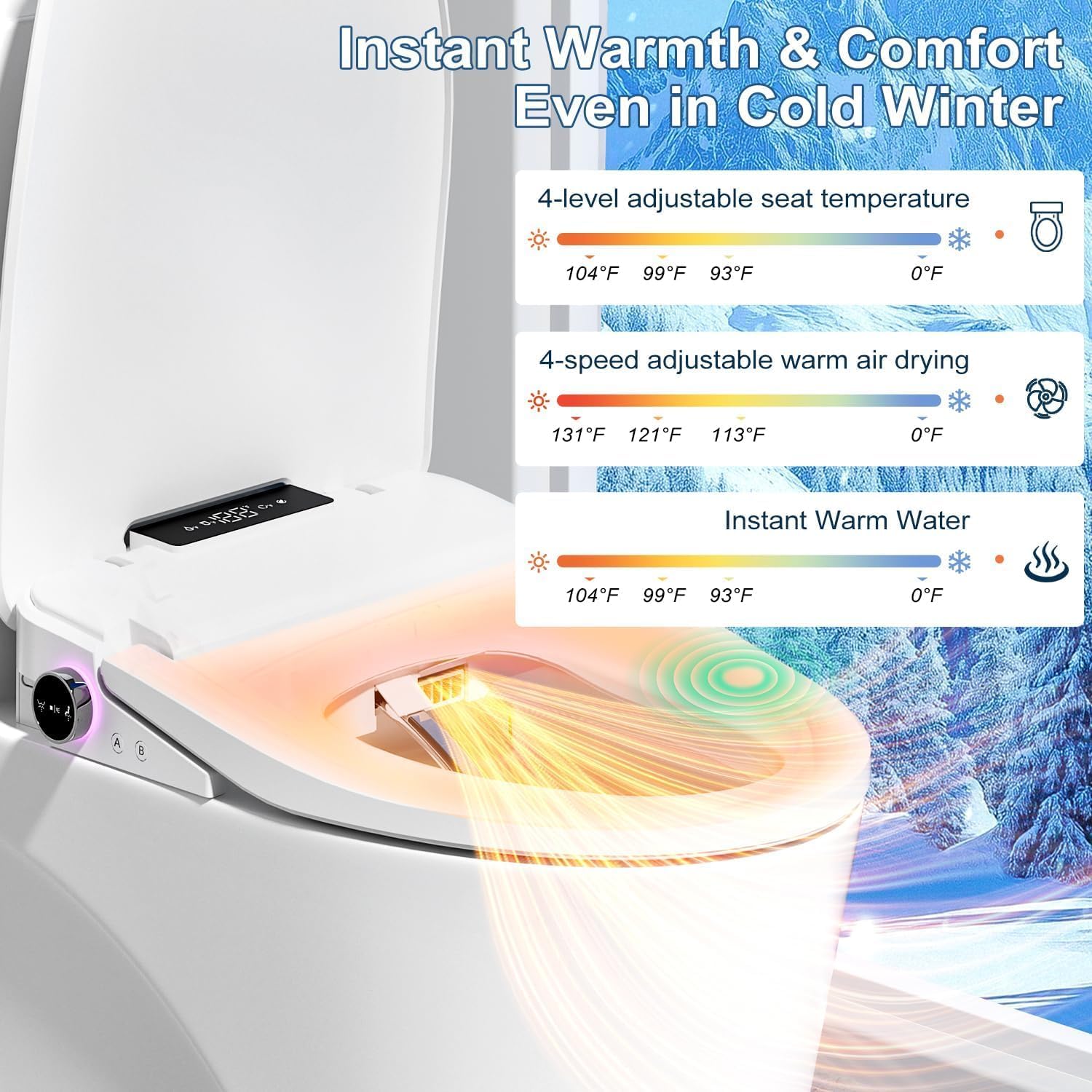 Bidet Toilet Seat with Instant Warm Water Wash, Electric Heated Toilet Seat with Soft Closed Lid,Multiple Cleaning Modes,Warm Air Dryer,Soft Closed Lid, Saved User Settings,Easy Installation (White)