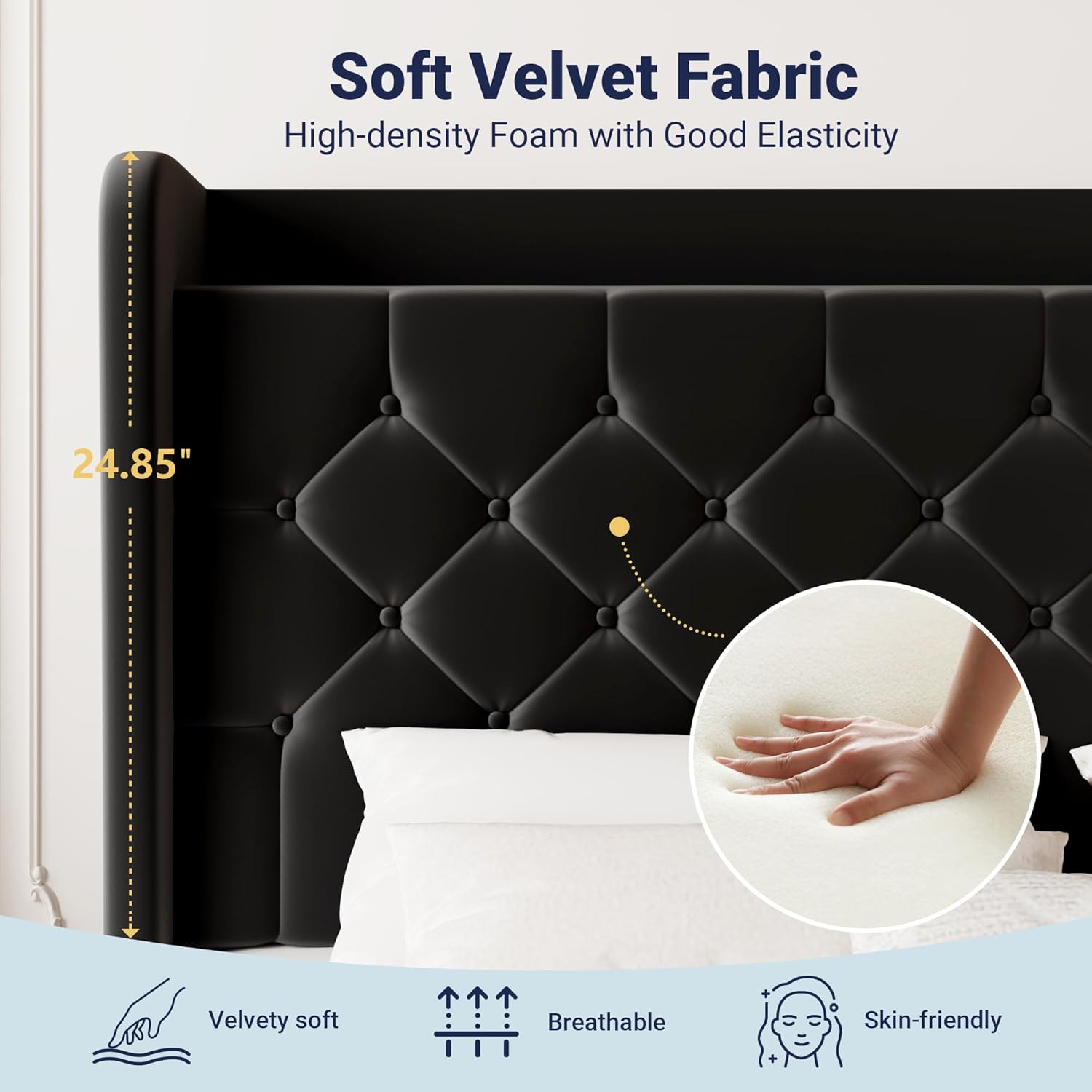 Allewie Full Size Bed Frame, Storage Headboard with Charging Station, Wingback Velvet Upholstered, Diamond Stitched Button Tufted, Sturdy Wooden Slats, No Box Spring Needed, Easy Assembly, Black