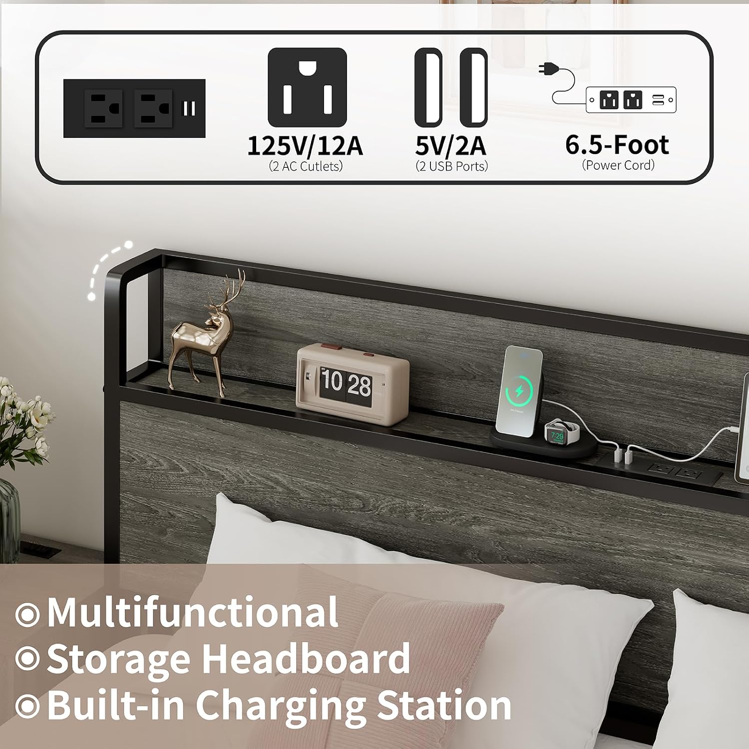 LUXOAK Full Size Lift Up Storage Bed, Wood Platform Bed Frame with Storage Headboard & Charging Station, No Box Spring Needed, Easy Assembly, Rustic Grey