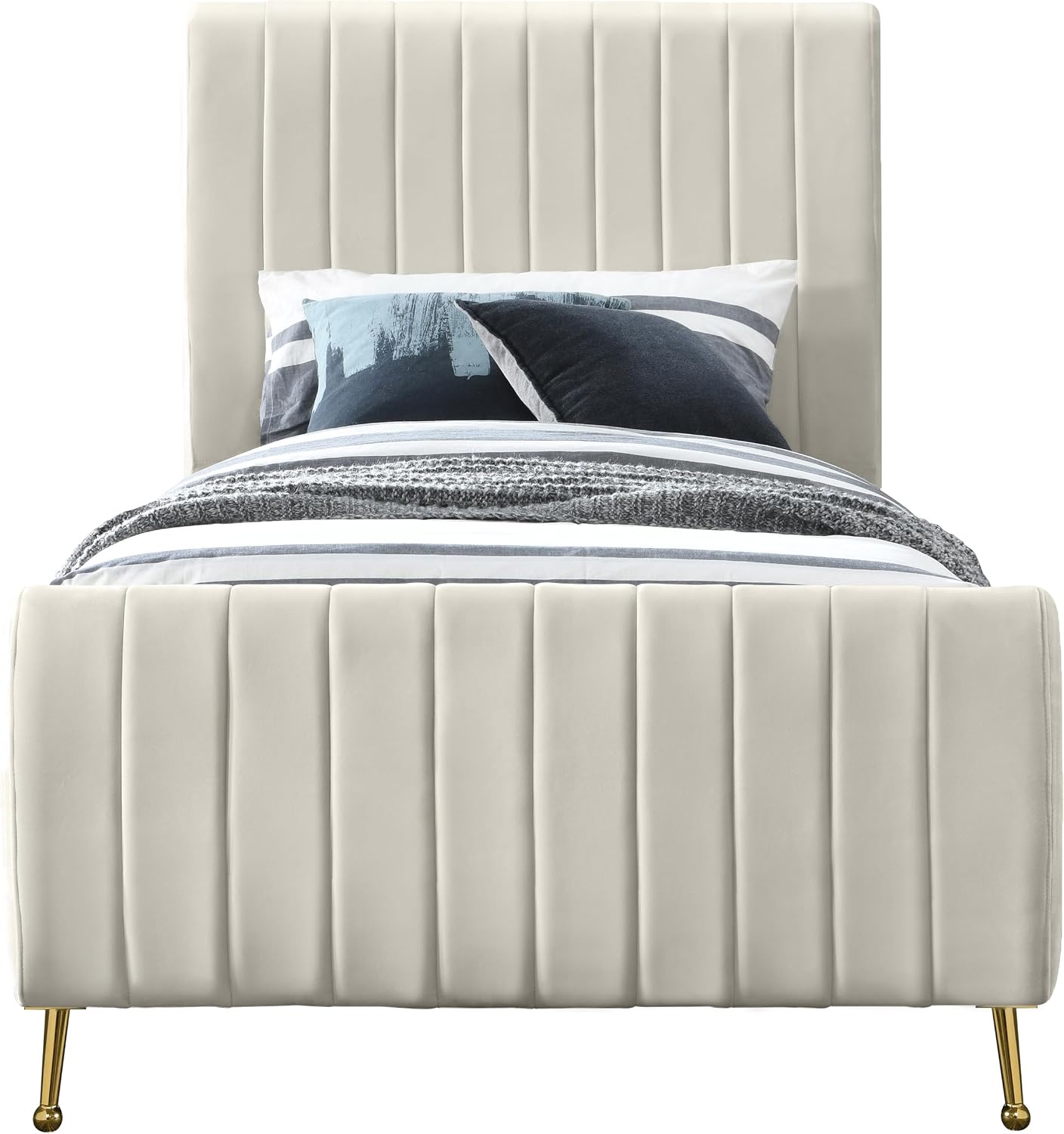 Meridian Furniture Zara Collection Modern | Contemporary Velvet Upholstered Bed with Deep Channel Tufting and Custom Gold Legs, Twin, Cream