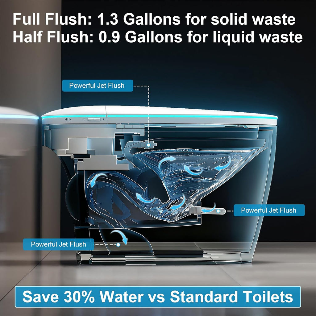 Smart Bidet Toilet with Foam Shield, Auto Open/Close Lid & Seat, Foot Sensor Flush, Tankless One Piece Elongated, Heated Seat, Instant Warm Water & Dryer