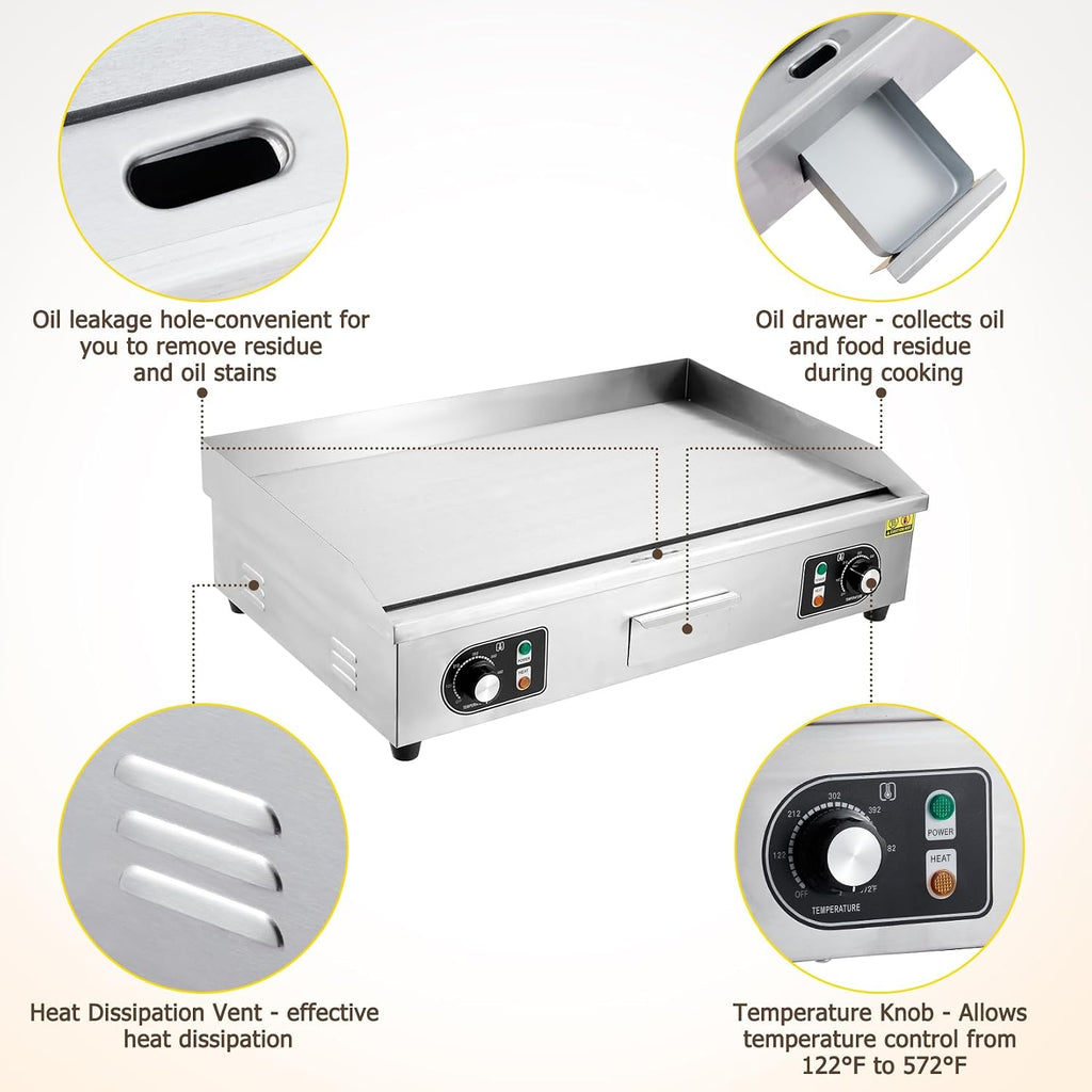 30' Commercial Electric Griddle,110V 3000W Stainless Steel Electric Flat Top Griddle, Non-Stick Plate,Adjustable Temperature Control 122°F-572°F Countertop Griddle for Home Restaurant