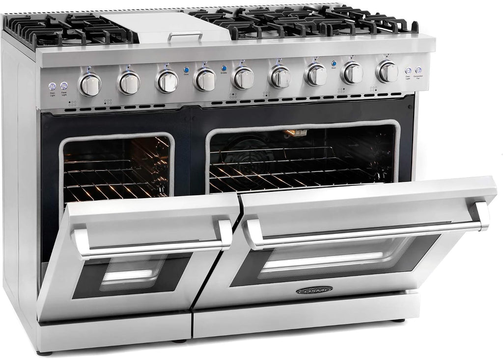 COSMO COS-EPGR486G 48 in. Haven Collection 7 cu. ft. Double Oven Gas Range, 6 Burners, Griddle, Convection, Knob LEDs, Stainless Steel