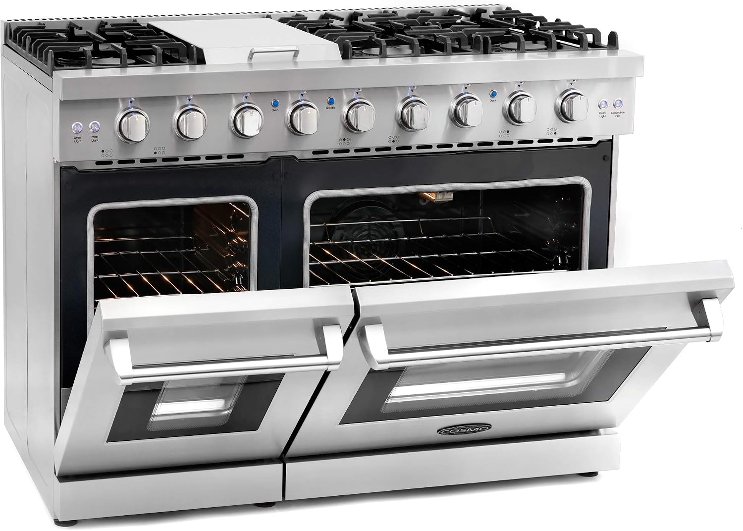COSMO COS-EPGR486G 48 in. Haven Collection 7 cu. ft. Double Oven Gas Range, 6 Burners, Griddle, Convection, Knob LEDs, Stainless Steel