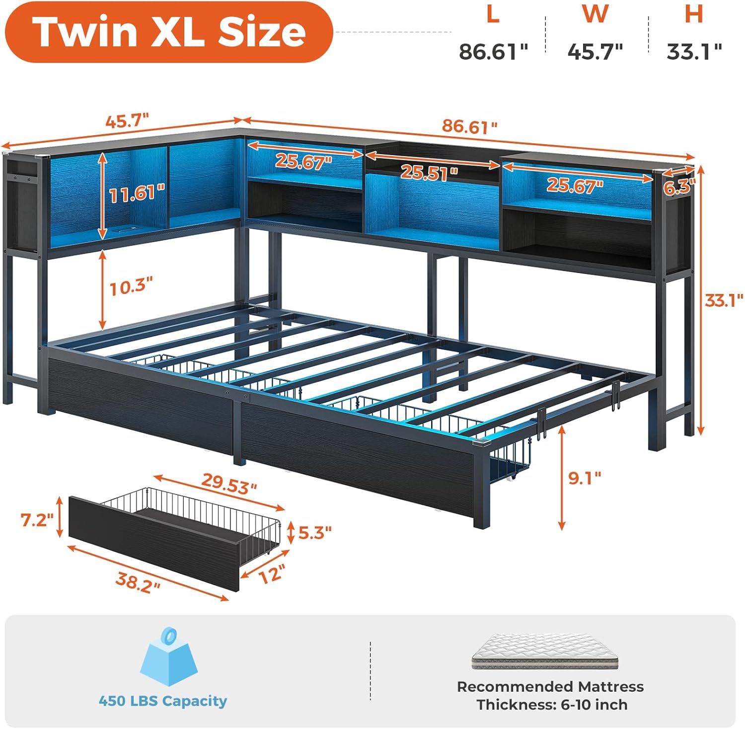DICTAC Twin XL Corner Bed Frame with Bookcase Storage and Led Lights Metal Platform Bed Frame with 2 Drawers & Charging Station Twin XL Daybed for Kids/Teen with Storage,Kids Corner Bed Frame,Black