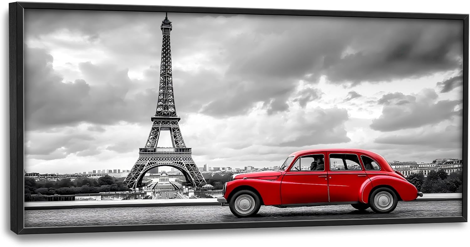 Eiffel Tower Large Wall Art Black and White Framed Red Wall Decor for Living Room Paris City Pictures Oversized Canvas Print Painting Modern Extra Large Framed Artwork for Bedroom Office 60'x30'