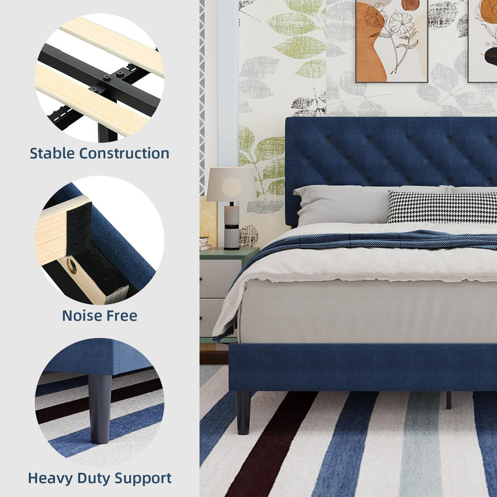 BarnFurin Full Size Bed Frame with Button Tufted Headboard, Upholstered Platform Bed with Wooden Slats Support, No Box Spring Needed, Easy Assembly, Navy Blue