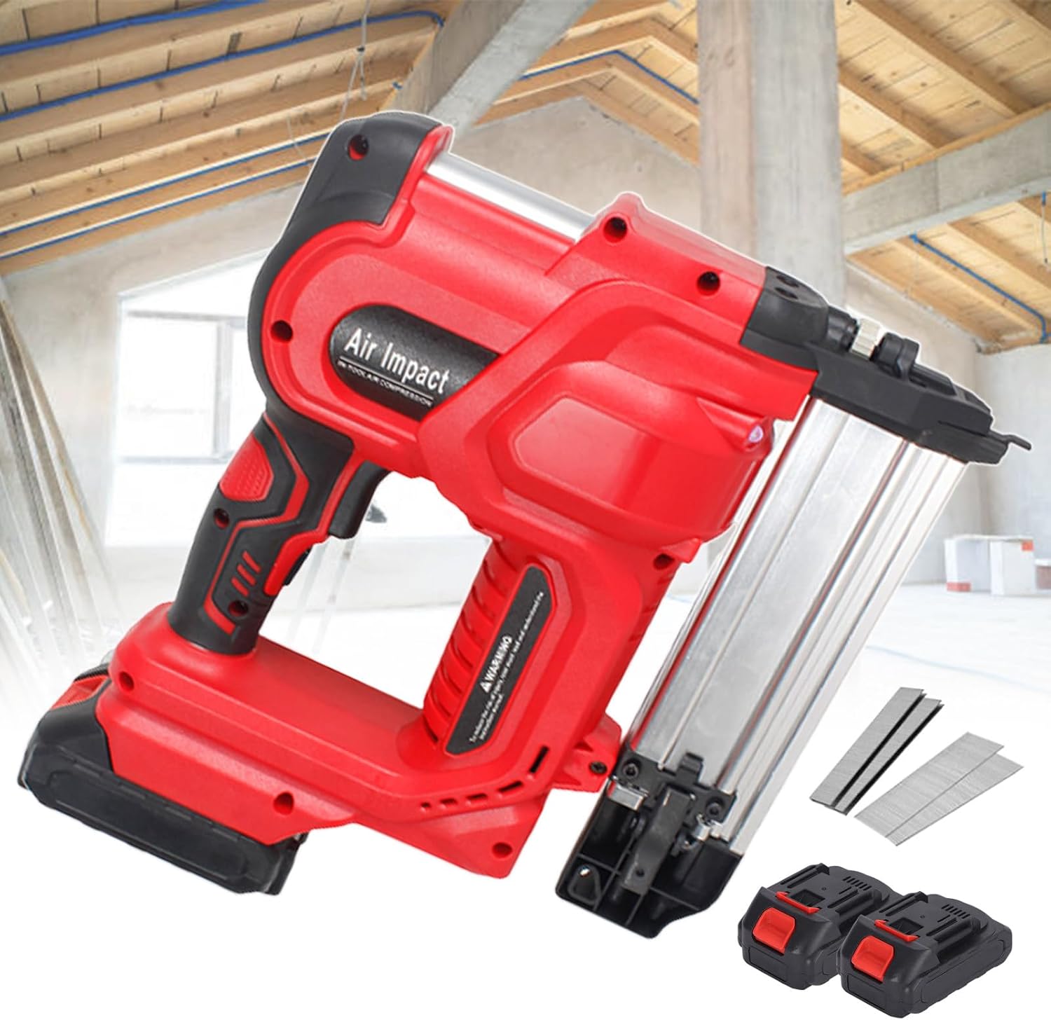 2 in 1 Brad Nailer Battery Powered, Electric Nailing Machine with 200 Pcs Straight Nails & Staples, Brad Nailer with 2 * 2.0 Ah Batteries, for Home Improvement & Woodworking Red