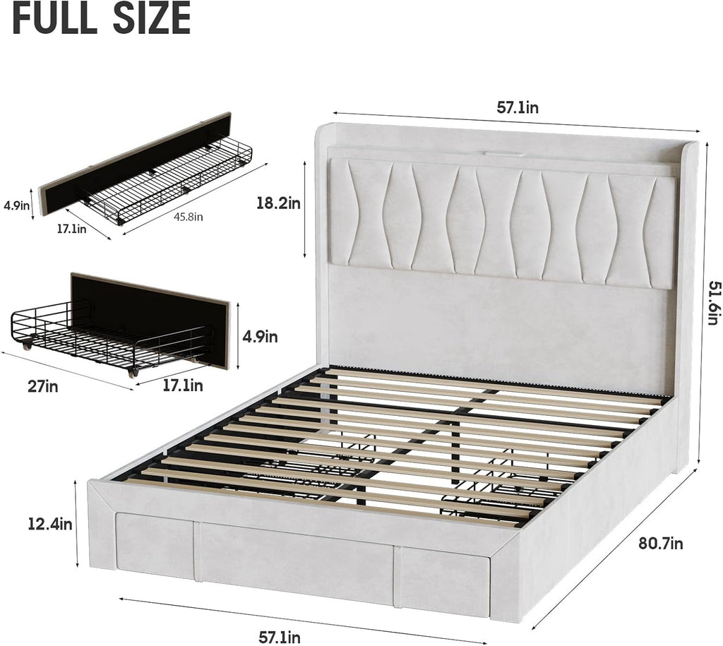 Fameill Full Size Bed Frame with LED Light and 3 Drawers Storage, Upholstered Velvet Platform Bed Frame with Charging Station, Wingback Tall Headboard, No Box Spring Needed, Beige