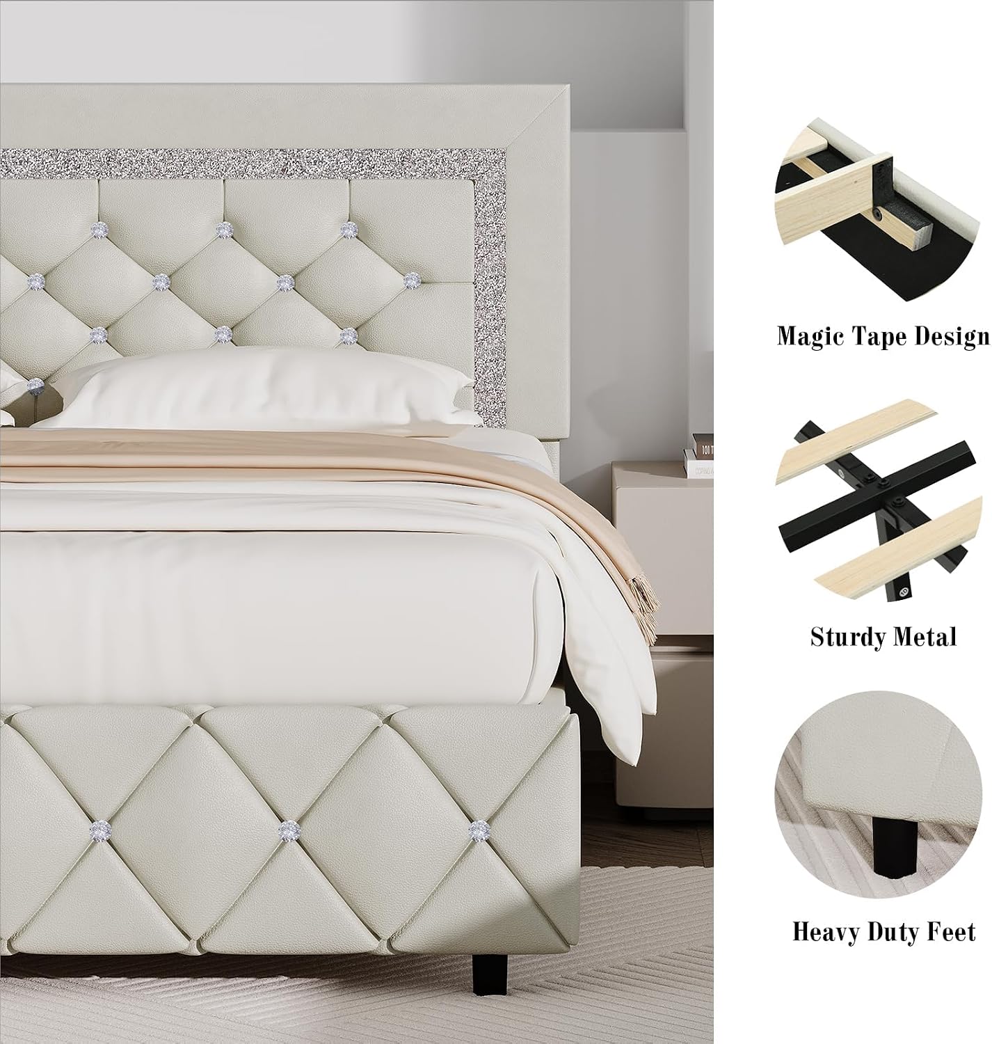 BarnFurin Queen Bed Frame with Diamond Tufted Headboard, Faux Leather Upholstered Bed with Wooden Slats Support, No Box Spring Needed, Mattress Foundation, Easy Assembly, Cream