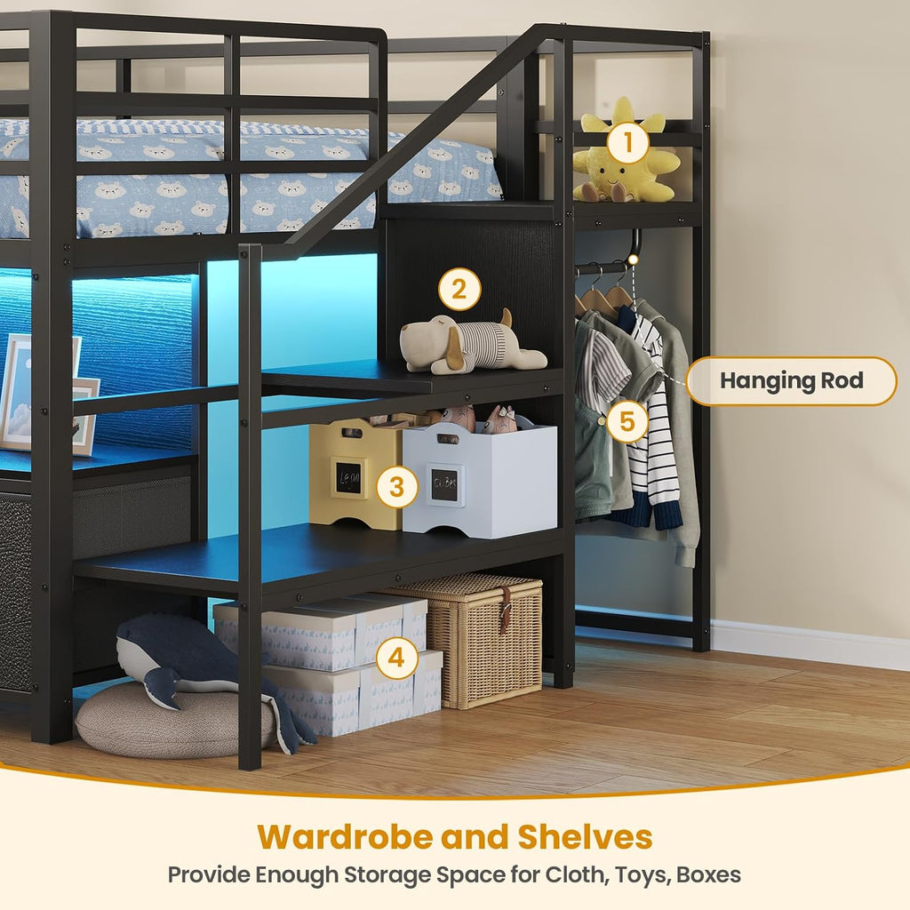 ADORNEVE Low Loft Bed Twin Size with Stairs,7 Drawers, Bookcase and LED Lights, Metal Kids Loft Bed with 14' H Safety Guardrail,Inclined Ladder and Play Curtain, Under-Bed Play Space, Black