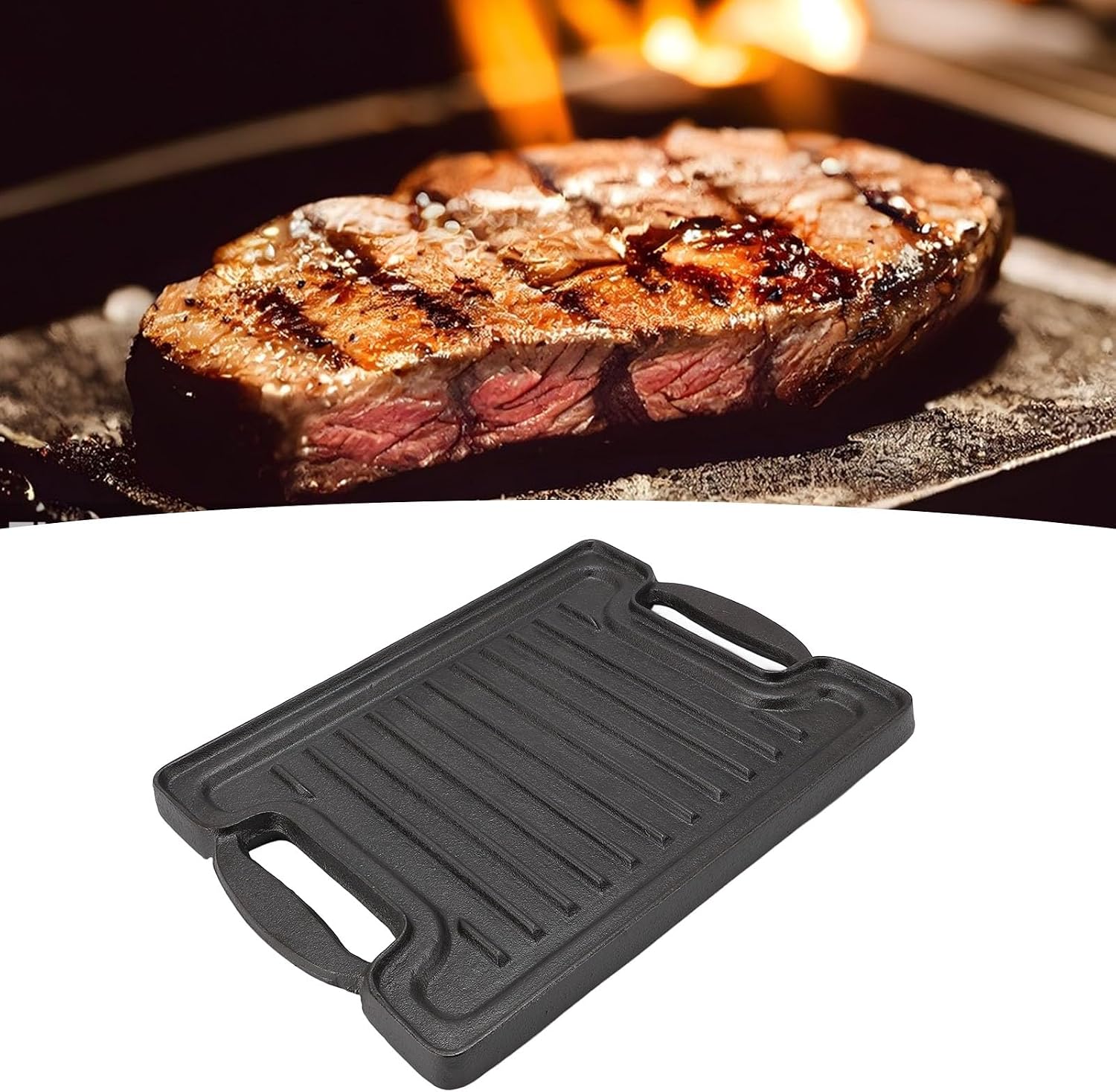 Cast Iron Grill Pan, Cast Iron Rectangular Even Heating Grilling Plate Cast Iron Griddle Stove Top Grill With BBQ Grill Plate for Meats Seafood Vegetables