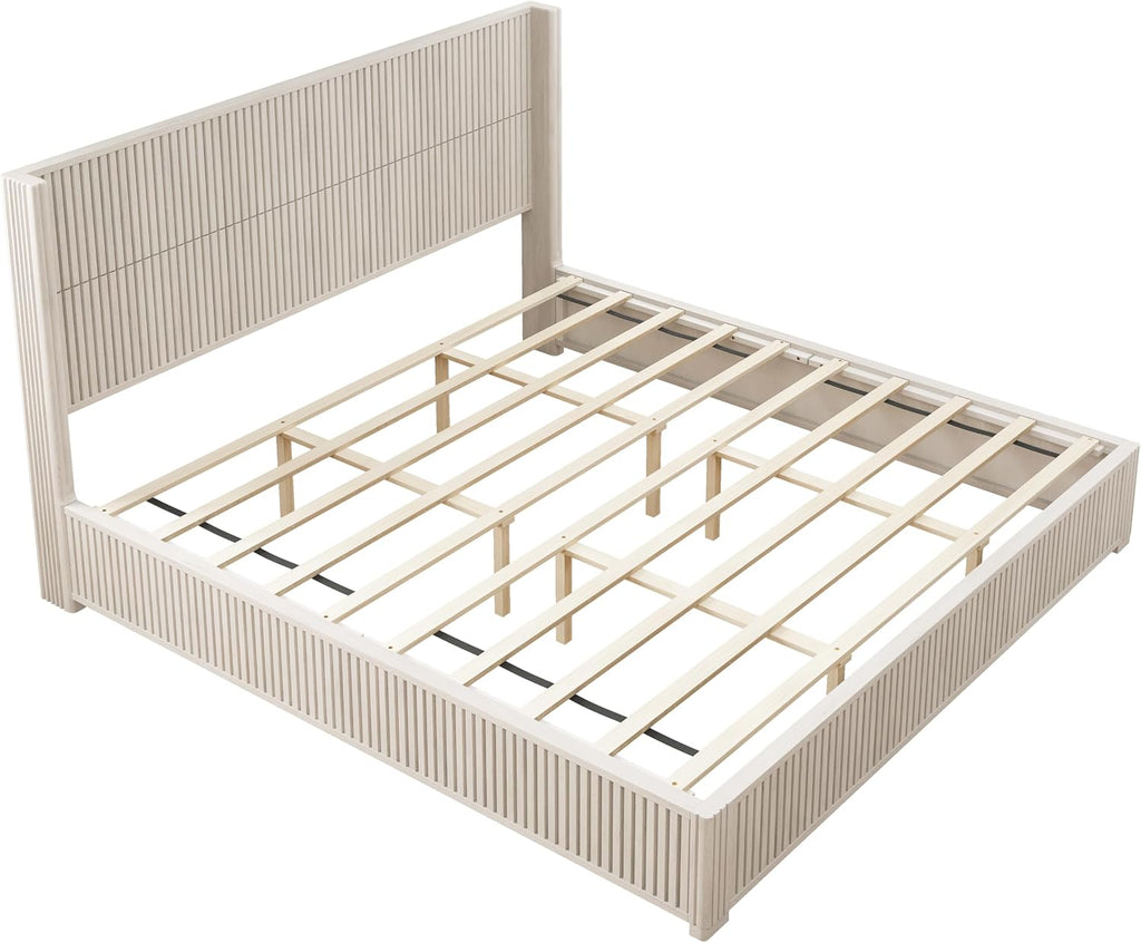 Solid Wood Platform Bed Frame with Headboard, King Size Bed Frame No Box Spring Needed, Floor Standing Wood Bed Frame, Easy Assembly Bedroom Furniture, Beige Finish