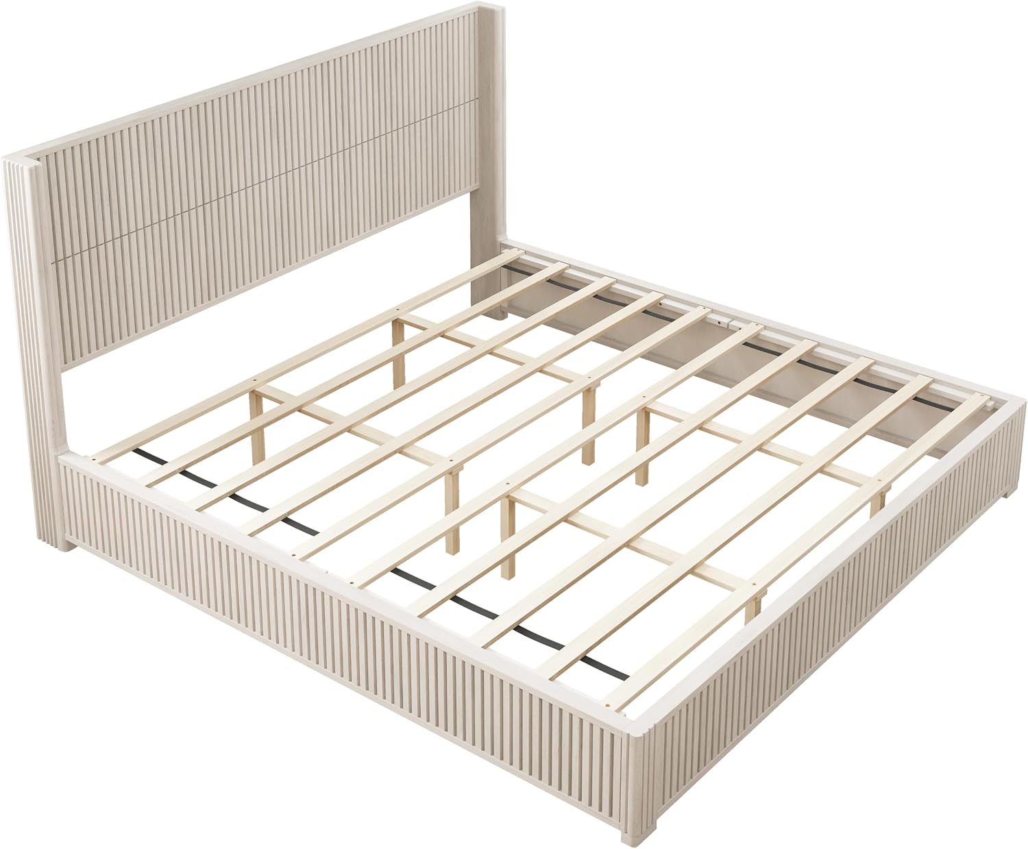 Solid Wood Platform Bed Frame with Headboard, King Size Bed Frame No Box Spring Needed, Floor Standing Wood Bed Frame, Easy Assembly Bedroom Furniture, Beige Finish