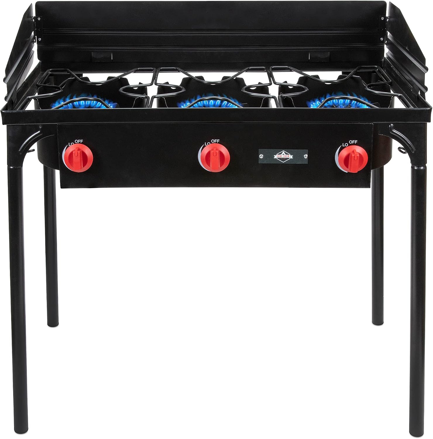 Hike Crew Cast Iron 3-Burner Outdoor Gas Stove | 225,000 BTU Portable Propane Cooktop w/Blue Flame Control, Removable Legs, Temperature Control Knobs, Wind Panel, Hose, Regulator & Storage Carry Case
