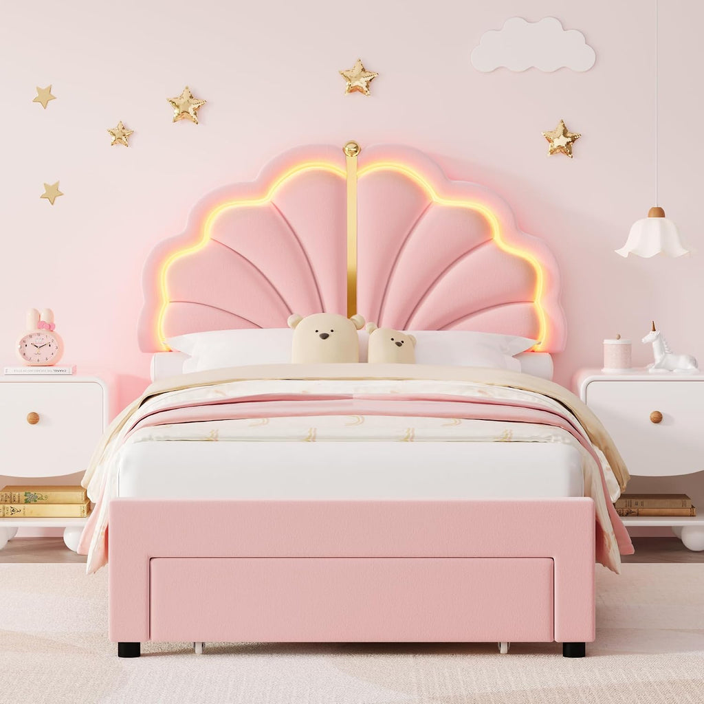 Keyluv Twin Princess Bed Frame with Storage Drawers, Soft Velvet Upholstered LED Platform Bed with Adjustable Cute Shell Headboard, No Box Spring Needed, Noise-Free, Pink
