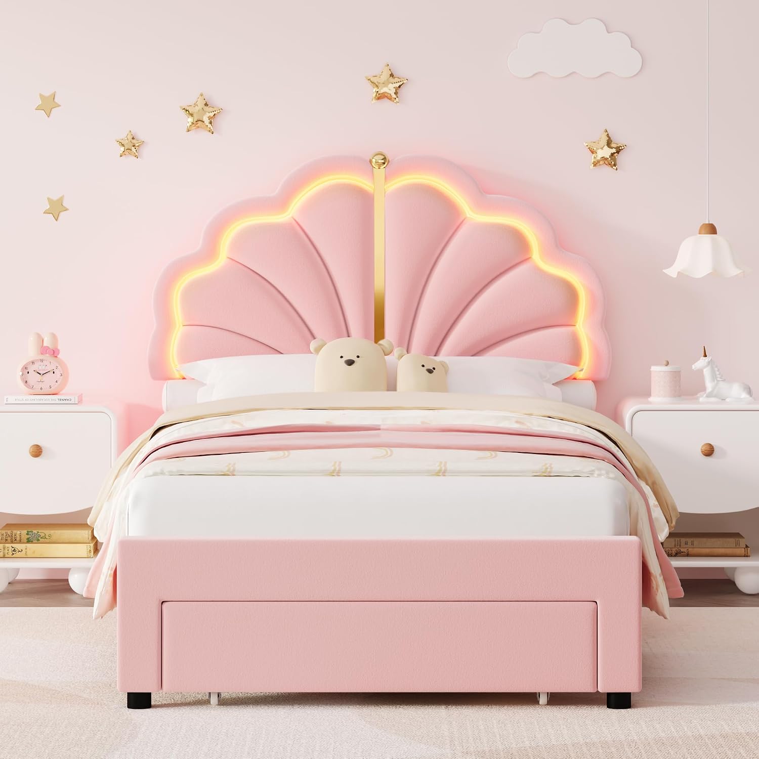 Keyluv Twin Princess Bed Frame with Storage Drawers, Soft Velvet Upholstered LED Platform Bed with Adjustable Cute Shell Headboard, No Box Spring Needed, Noise-Free, Pink