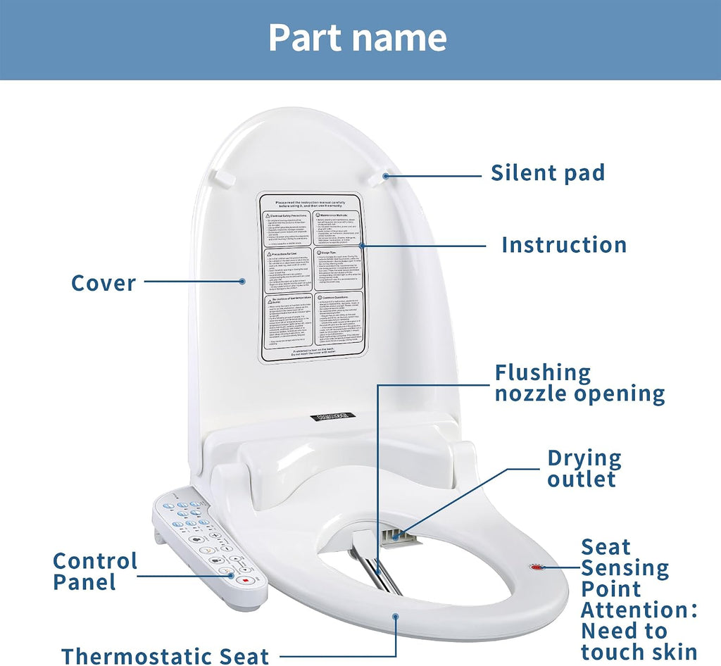 KERDE 08 Smart Electric Bidet Toilet Seat with Warm Air Dryer Heated Adjustable Warm Water Seat Temperature Self-Cleaning Nozzle Easy Installation for Most Toilets Elongated (Armrest-Control Model)