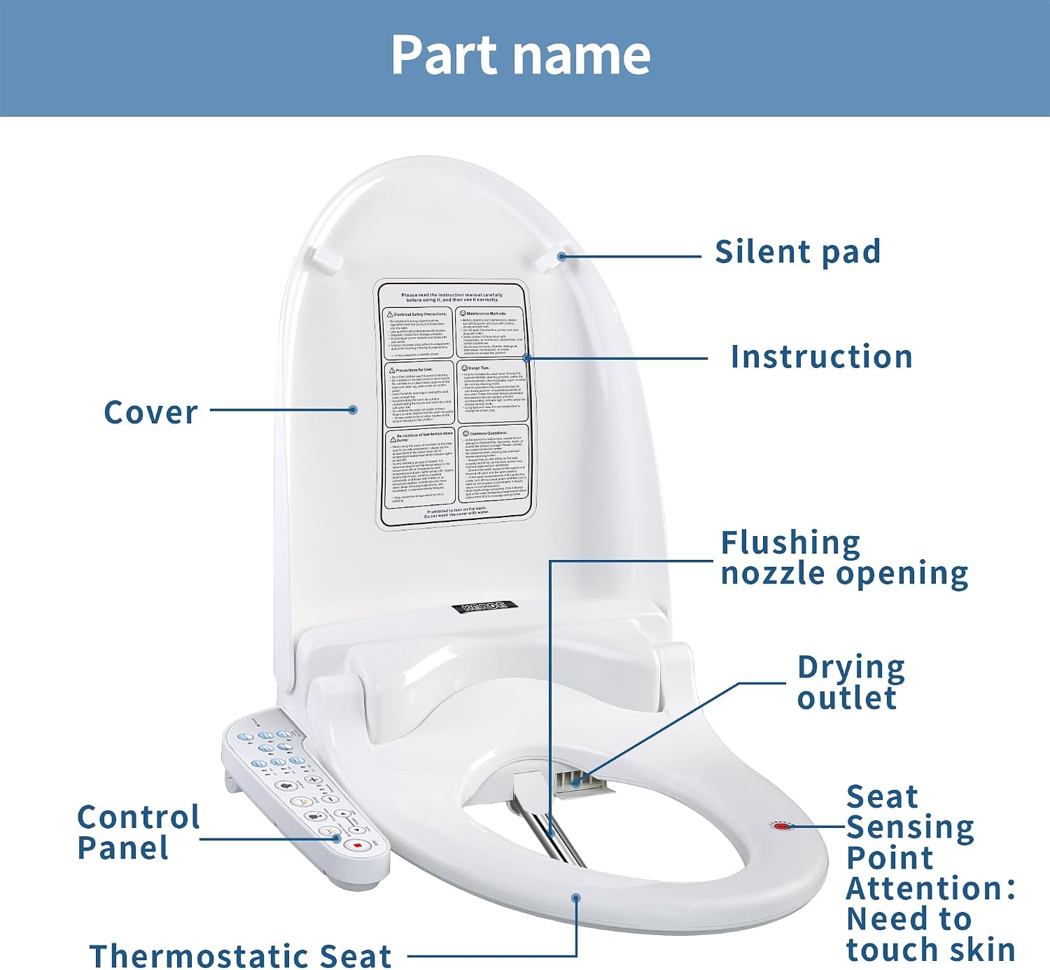 KERDE 08 Smart Electric Bidet Toilet Seat with Warm Air Dryer Heated Adjustable Warm Water Seat Temperature Self-Cleaning Nozzle Easy Installation for Most Toilets Elongated (Armrest-Control Model)