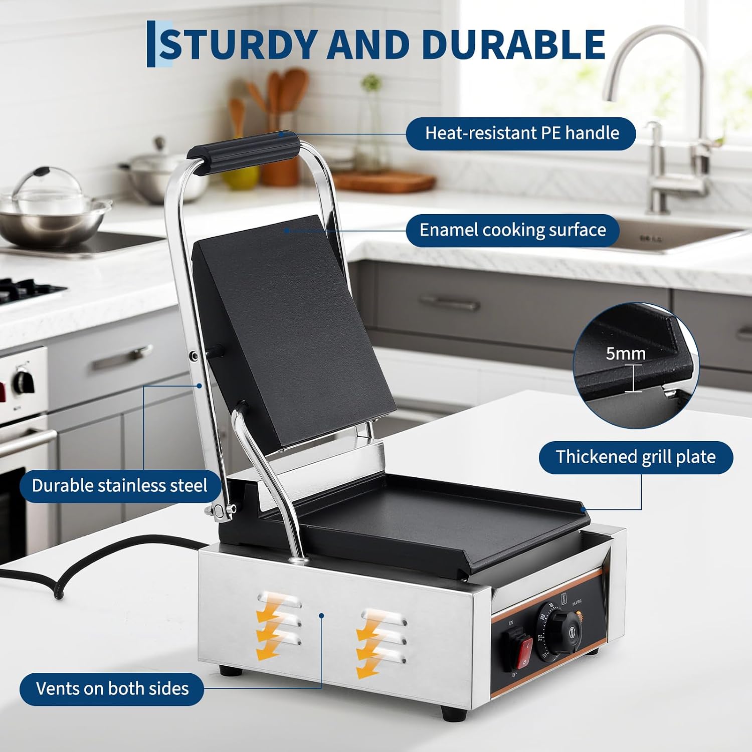 YS-811C 1800W Commercial Panini Press & Electric Grill, 9x9 Inch Sandwich Maker with 6-Temp Control, 110V Indoor Grill for Burgers, Panini, Breakfast, Silver