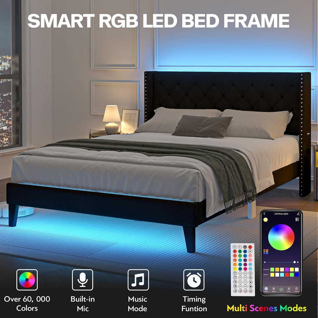 Lihimte Full Size Bed Frame with Led Lights, Upholstered Velvet Platform Bed Frames with Button Tufted Wingback Headboard and Footboard, Wooden Slats Support, No Box Spring Needed, Black