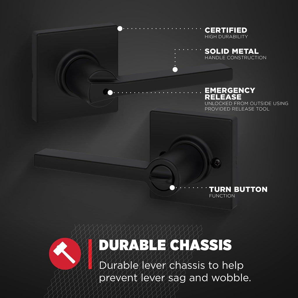 Kwikset Casey Interior Privacy Door Handle with Lock 10 Pack, Door Lever for Bathroom and Bedroom, Matte Black Reversible Keyless Turn Lock, with Microban Protection