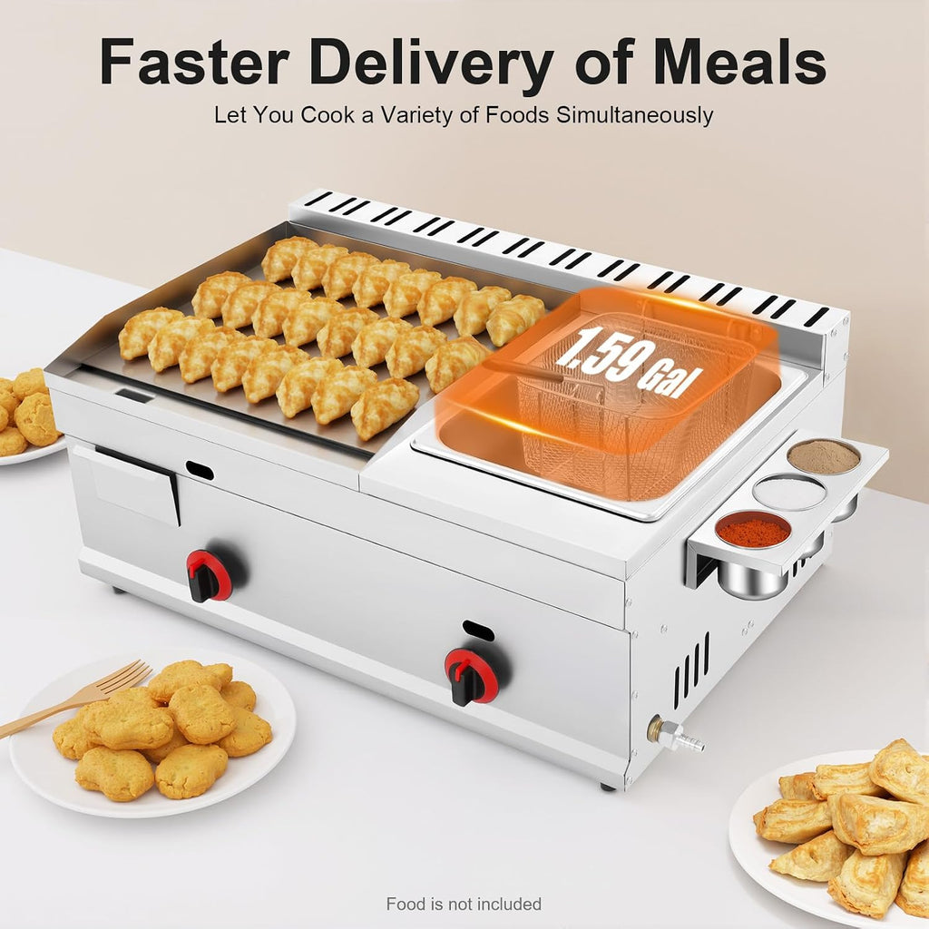 Stainless Steel Countertop Deep Fryer, 6L Commercial Propane Griddle Deep Fryer Combo Grill Food Cart with Removable Basket & 122-716℉ Temperature Control for Restaurant and Home Use