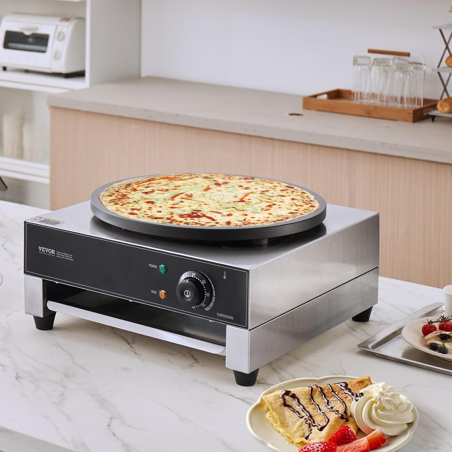 VEVOR Electric Crepe Maker, 16-Inch Commercial Crepe Machine, 1700W Flat Plate Crepe Griddle, Nonstick Stainless Steel Pancake Making Machine, Desktop Circular Cereals Pancake Stove with Temp Control