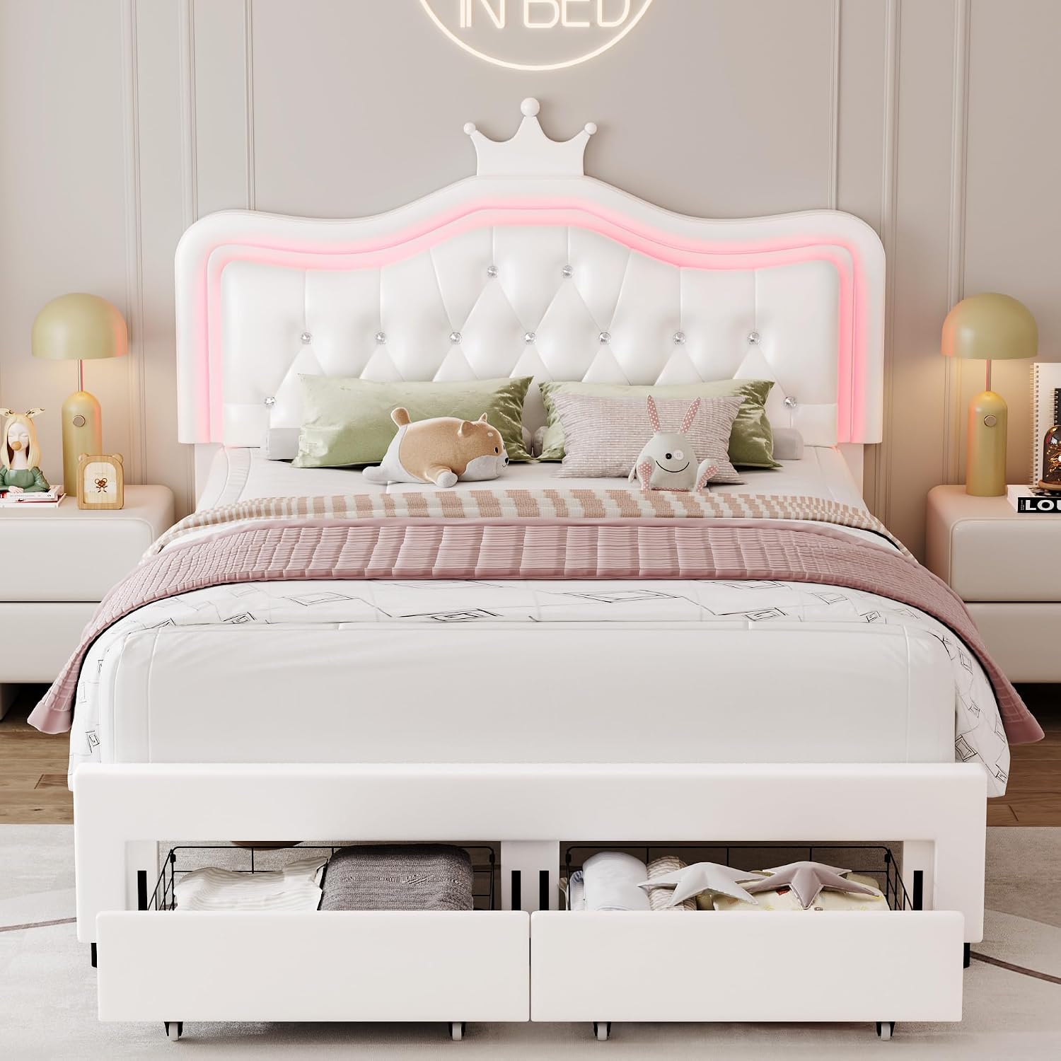 Keyluv Full Upholstered LED Bed Frame with Storage Drawer, Leather Princess Platform Bed with Adjustable Crystal Button Tufted Crown Headboard, Solid Wooden Slats Support, No Box Spring Needed, White